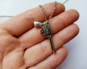 Revolver Necklace, Silver Gun Charm Necklace, Pistol Necklace, Necklace for Him, Shooting Pendant, Cowgirl Necklace