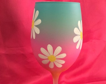 Summer daisies wine glass, beautifully hand painted, 15.95 summer sippin, one of a kind gift, barware, glassware,