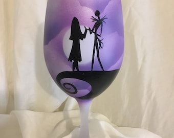 Night before Wine Glass, Jack and Sally,Airbrushed, hand painted,Enjoy your favorite wine in our beautiful 19 ounce white wine glass