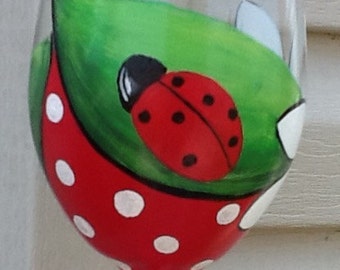 Crazy daisy lady bug love hand painted wine glass...red and white polka dotted fun