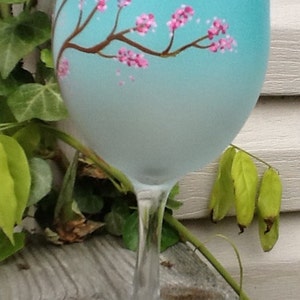 Cherry blossom tree, hand painted, airbrushed gradient greenish blue, Enjoy your favorite wine in our beautiful 19 ounce white wine glass image 3