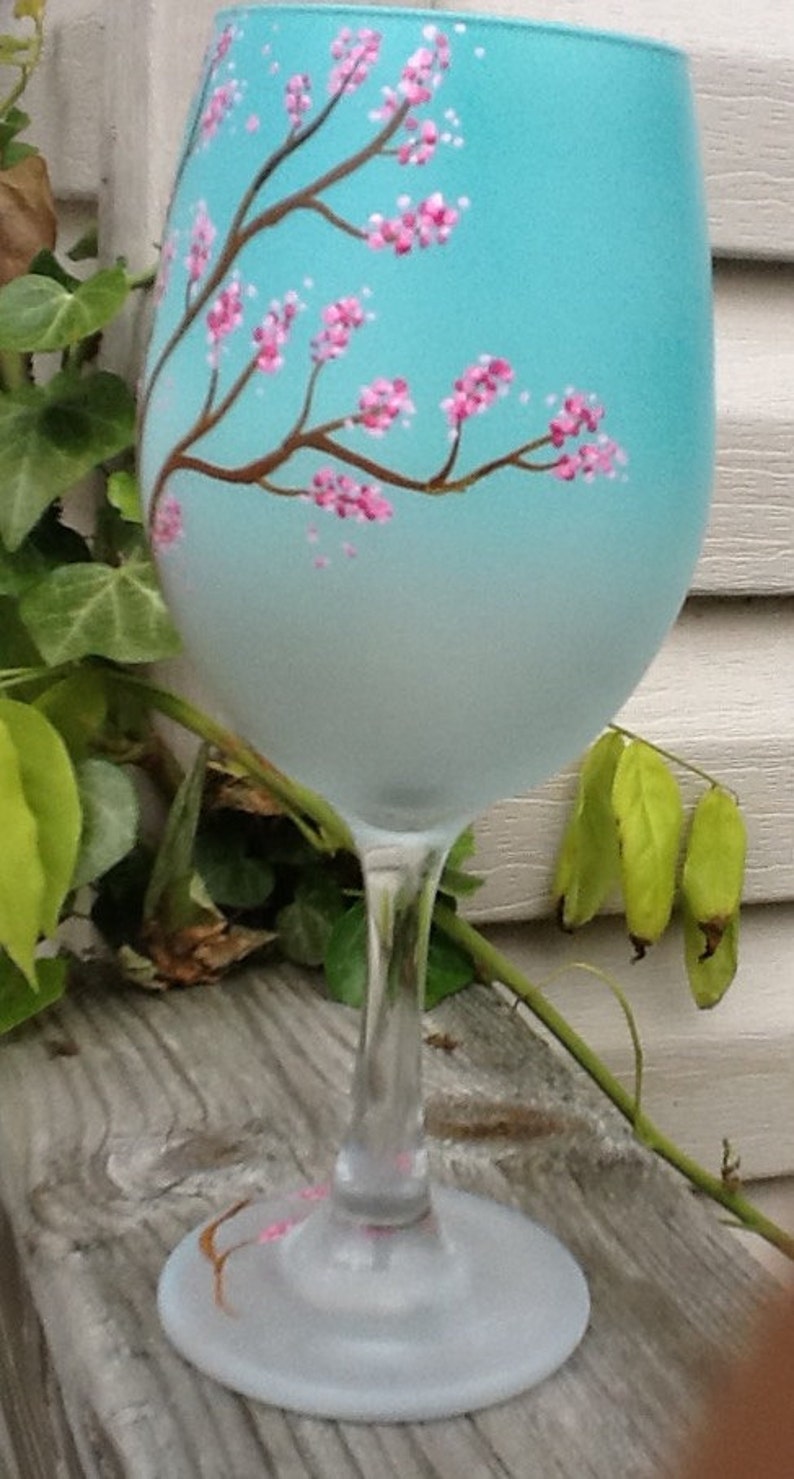 Cherry blossom tree, hand painted, airbrushed gradient greenish blue, Enjoy your favorite wine in our beautiful 19 ounce white wine glass image 3