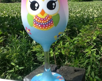 Hippie cute owl wine glass, hand painted, fun and whimsical owl, Enjoy your favorite wine in our beautiful 19 oz. white wine glass