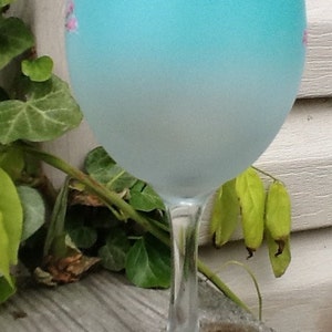 Cherry blossom tree, hand painted, airbrushed gradient greenish blue, Enjoy your favorite wine in our beautiful 19 ounce white wine glass image 4