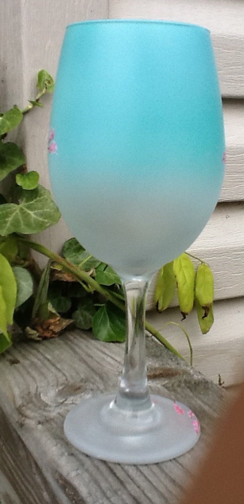 Cherry blossom tree, hand painted, airbrushed gradient greenish blue, Enjoy your favorite wine in our beautiful 19 ounce white wine glass image 4