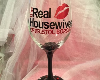 Housewives glass, painted stem and base with a little bling, perfect glass while watching your favorite show, bravo