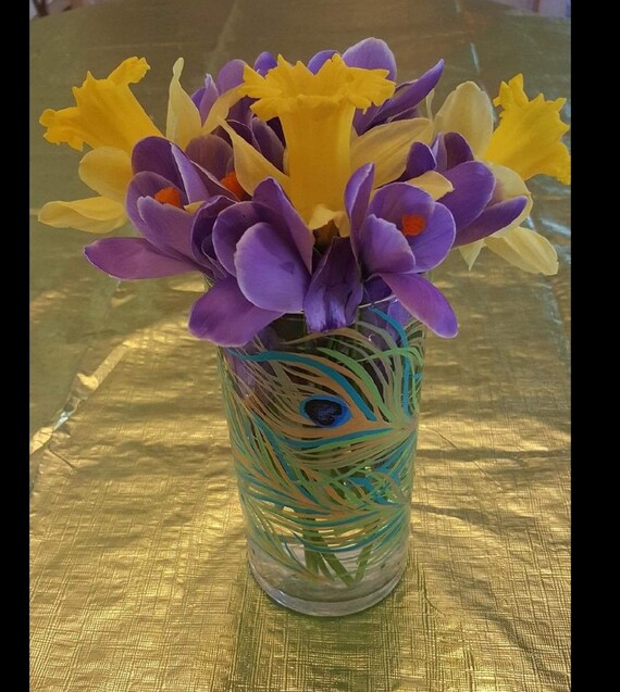 Peacock Feather Vase 17 95 Hand Painted Vase Gold Etsy