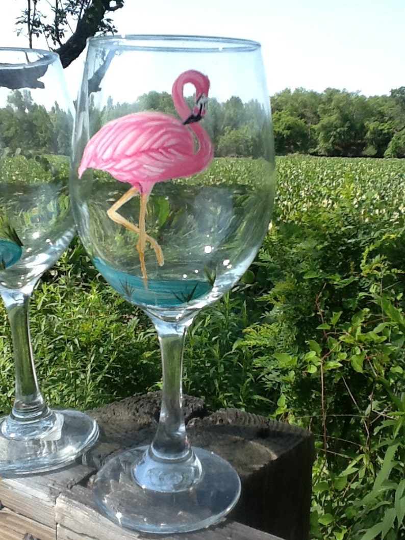 Flamingo wine glass, hand painted, Enjoy your favorite wine in our beautiful 19 ounce white wine glass, price is for one glass image 2