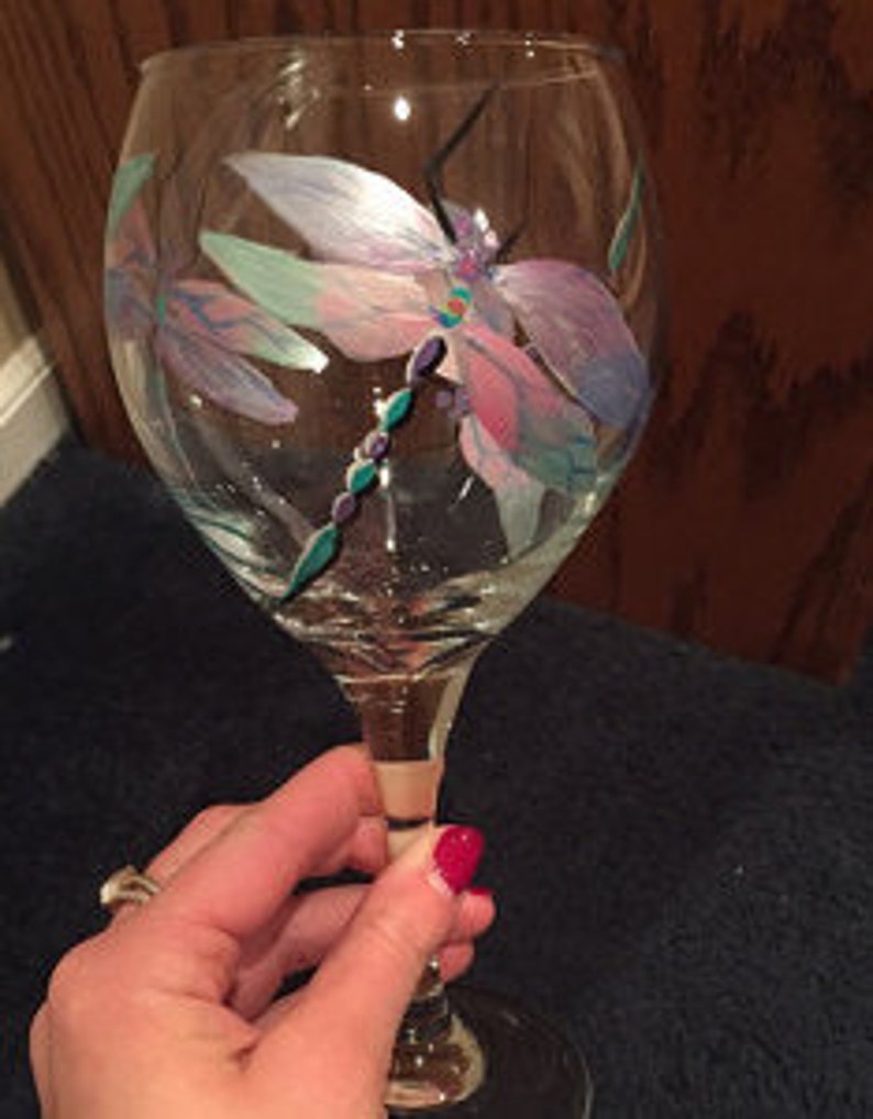 Iridescent Dragonfly hand painted wine Glass, makes a wonderful gift, a true work of art, 16.95 for one single glass image 3