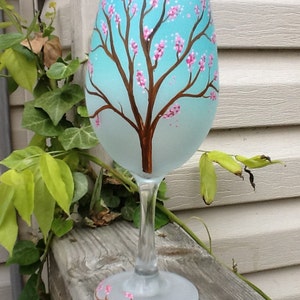 Cherry blossom tree, hand painted, airbrushed gradient greenish blue, Enjoy your favorite wine in our beautiful 19 ounce white wine glass image 1