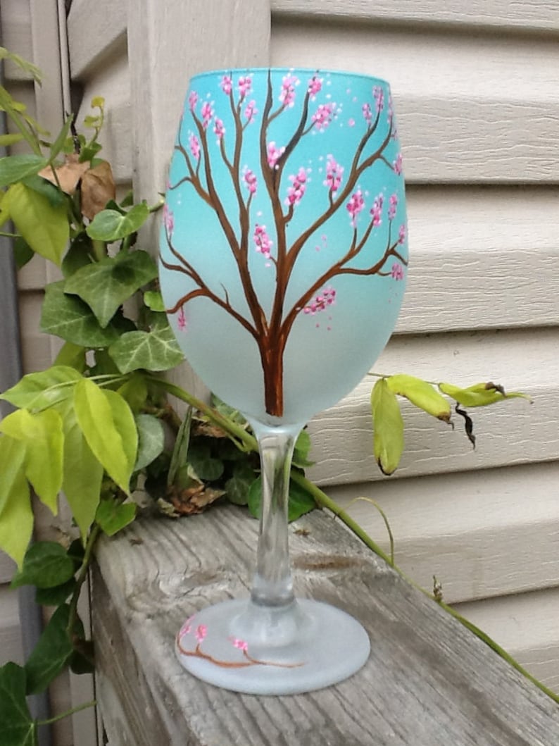 Cherry blossom tree, hand painted, airbrushed gradient greenish blue, Enjoy your favorite wine in our beautiful 19 ounce white wine glass image 1