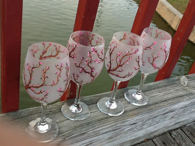 Frosted Cherry Blossom Tree Wine Glass Hand Painted Enjoy Etsy