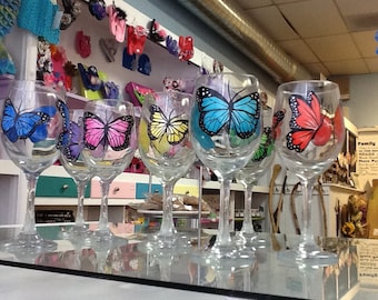 Colorful Butterfly Wine glass, select the color to customize, Enjoy your favorite wine in our beautiful 19 oz. wine glass