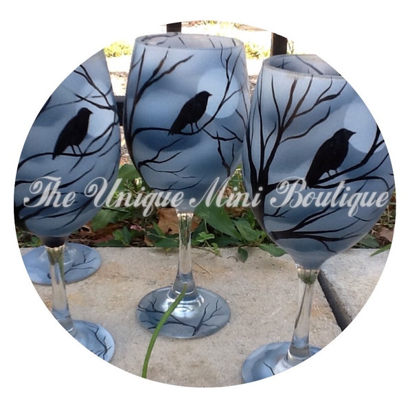 Hand Painted Black Raven Wine Glass - 19 oz, gifts under 20