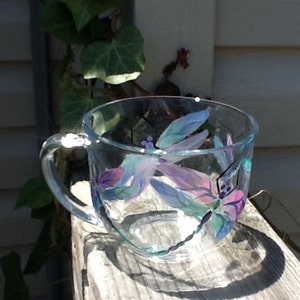 Dragonfly coffee/ tea mug, 18 ounce, individual glass listing, hand painted dragonflies on a clear mug, iridescent