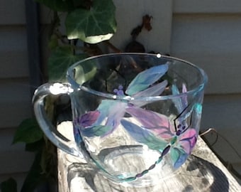 Dragonfly coffee/ tea mug, 18 ounce, individual glass listing, hand painted dragonflies on a clear mug, iridescent