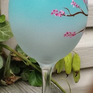 Cherry blossom tree, hand painted, airbrushed gradient greenish blue, Enjoy your favorite wine in our beautiful 19 ounce white wine glass image 2