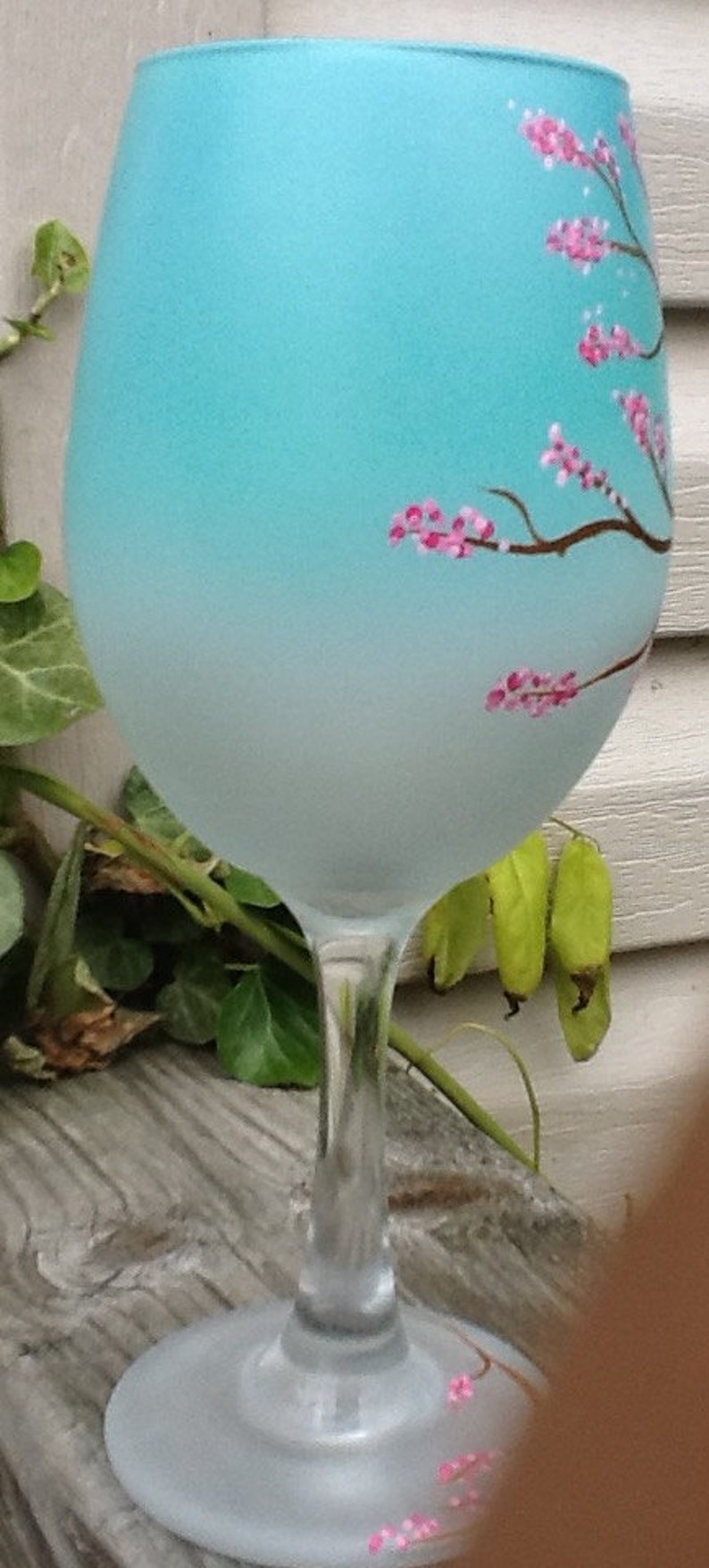 Cherry blossom tree, hand painted, airbrushed gradient greenish blue, Enjoy your favorite wine in our beautiful 19 ounce white wine glass image 2