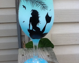 Mermaid wine glass, hand painted silhouette embellished with bling, airbrushed, Enjoy your favorite wine in our new 19 oz. white wine glass