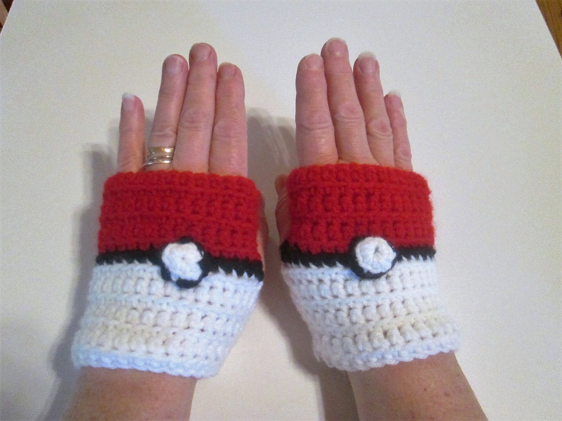 Pokemon Fingerless Gloves Pokeball Inspired Crocheted Gloves Etsy