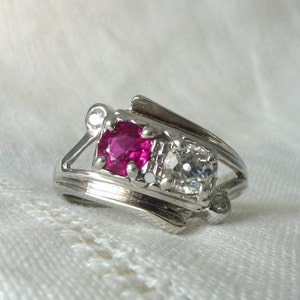 A Vintage, Art Deco Ruby and Old Cut Diamond 14kt White Gold Ring - Ernestine