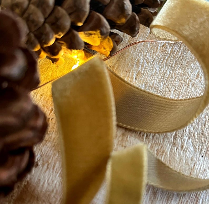 Puede incluir: Primer plano de un arreglo festivo con una pi&ntilde;a, luces c&aacute;lidas y una cinta de terciopelo dorado. La cinta est&aacute; rizada, a&ntilde;adiendo un toque de elegancia a los elementos naturales.