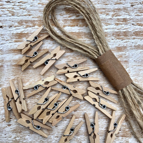 50 x Wooden Mini Pegs 25mm & 5m Jute Twine,  Photo, Wedding, Hanging Cards, Craft Clips