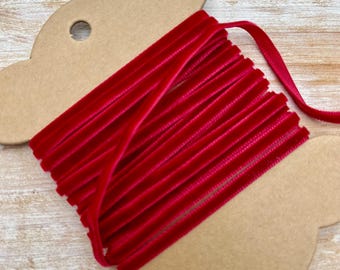 Cinta de terciopelo rojo, estrecha de 3 mm, para tarjetas navideñas, etiquetas, cinta fina para envolver regalos