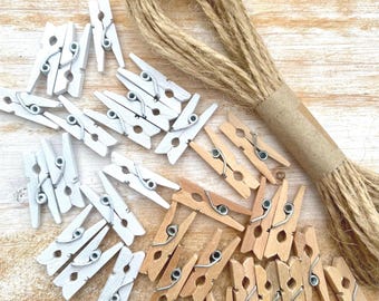 50 x Wooden Mini Pegs & 5m Jute Twine, 25mm, White or Natural. Photo, Wedding, Hanging Cards, Craft Clips