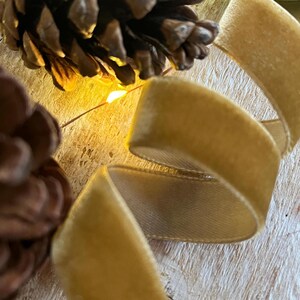 Puede incluir: Primer plano de una cinta de terciopelo dorado, con una pi&ntilde;a y hojas en el fondo. La cinta est&aacute; doblada en un lazo y la textura del terciopelo es visible. La imagen tiene un ambiente c&aacute;lido y acogedor.