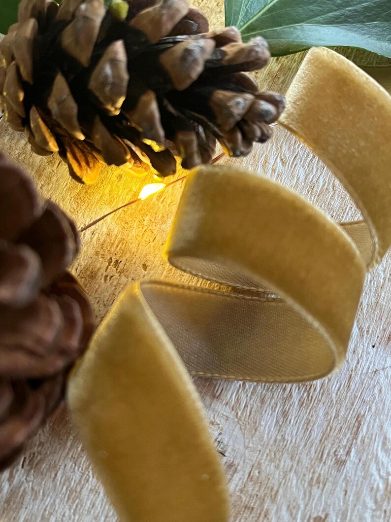 Puede incluir: Primer plano de una cinta de terciopelo dorado, con una pi&ntilde;a y hojas en el fondo. La cinta est&aacute; doblada en un lazo y la textura del terciopelo es visible. La imagen tiene un ambiente c&aacute;lido y acogedor.