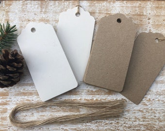 20 x Kraft White Gift Tags with Twine,  Recycled Blank Eco Labels, Wedding Favours, Christmas, Business Tags