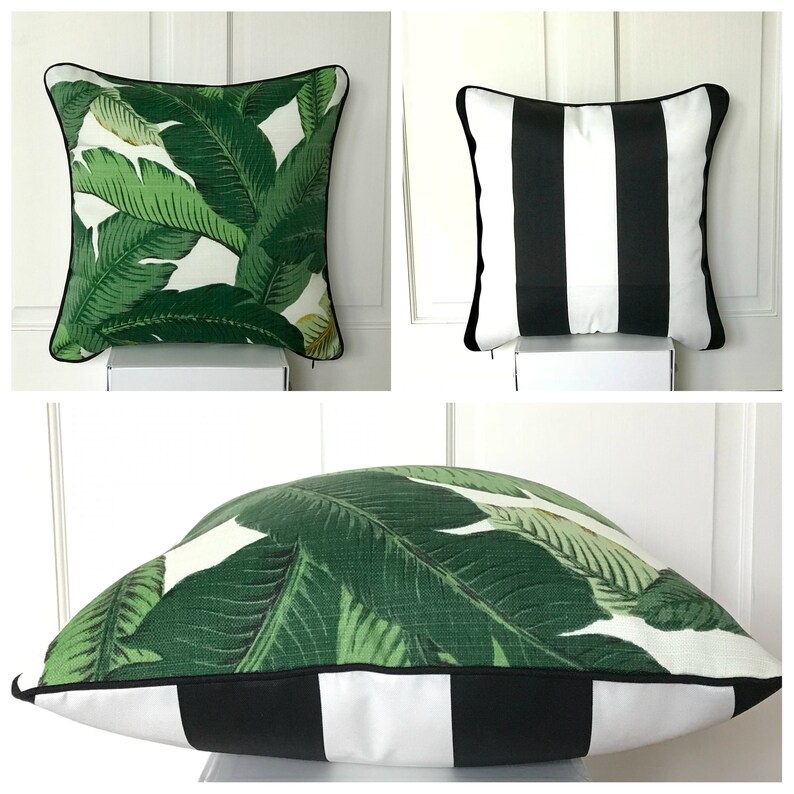 OutdoorIndoor Tommy Bahama Reversible Cushion Cover Green Tropical Palm Black /& white stripes Coastal Beach House Banana leaves