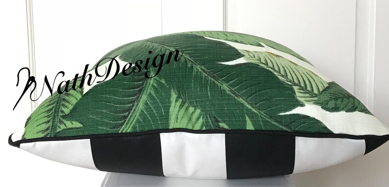 OutdoorIndoor Tommy Bahama Reversible Cushion Cover Green Tropical Palm Black /& white stripes Coastal Beach House Banana leaves