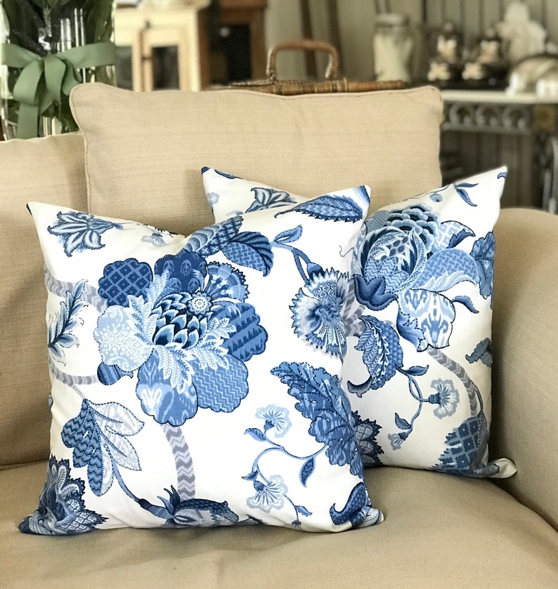 Hamptons Coastal Cushions Blue and White Floral Cushion / Etsy