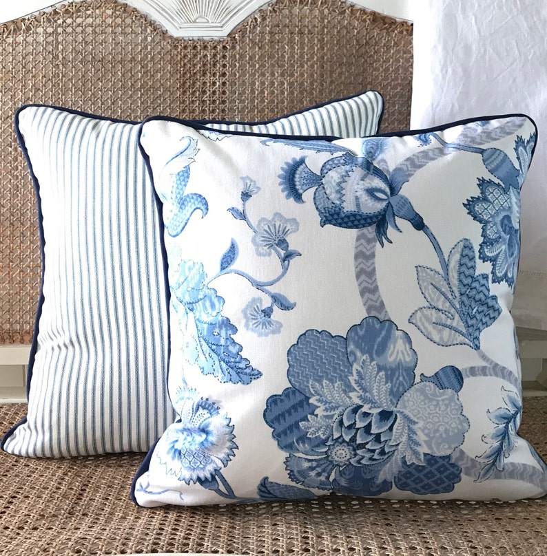 Hamptons Coastal Cushions Blue and White Floral Cushion / Etsy