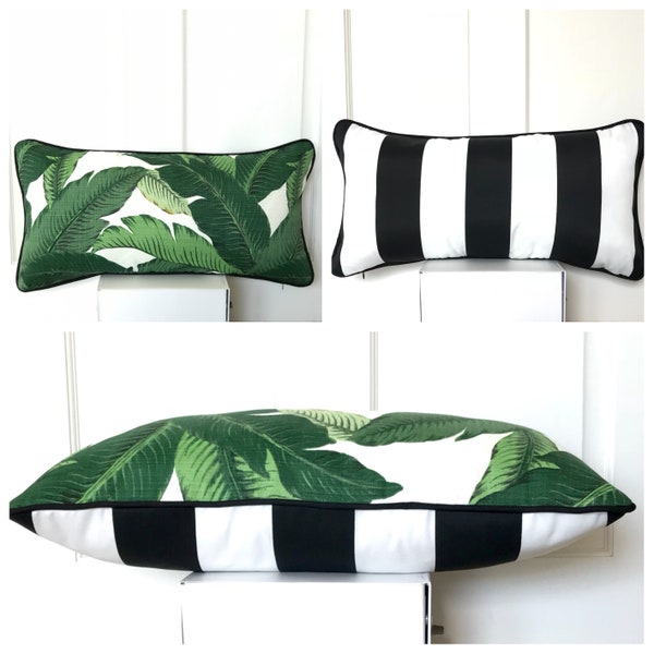 Outdoor/Indoor Tommy Bahama Reversible Lumbar or Square  Cushion COVER Green Tropical Palm -Palm Leaf - Black & white stripes  Beverly Hills