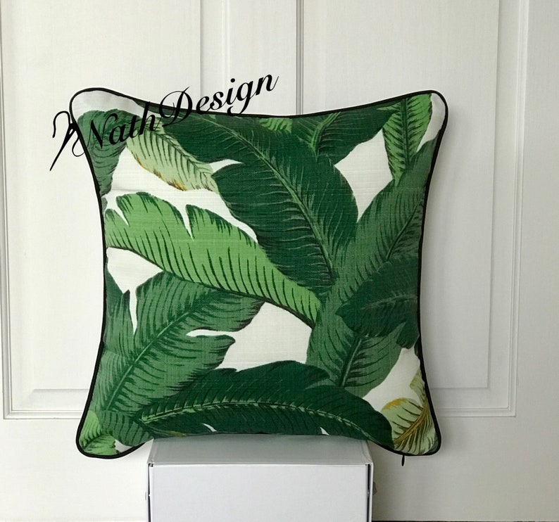 OutdoorIndoor Tommy Bahama Reversible Cushion Cover Green Tropical Palm Black /& white stripes Coastal Beach House Banana leaves