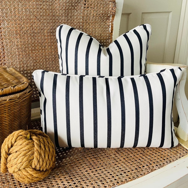 Outdoor/Indoor Sunbrella Hamptons Blue and White Stripes Lumbar or Square Cushion Pillow COVER