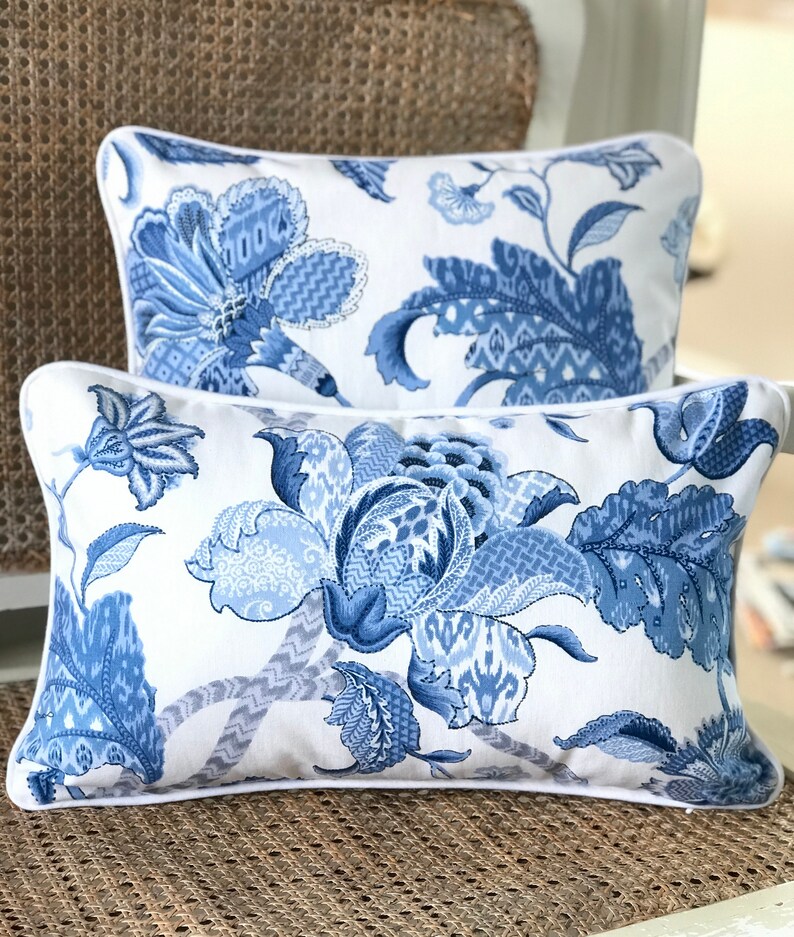 Hamptons Coastal Cushions Blue and White Floral Cushion / Etsy