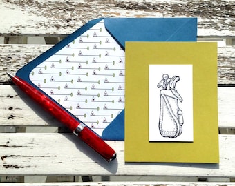 Golf clubs in a bag stamped and embossed on white and chartreuse blank card with coordinating lined envelope. Set of 6 cards + envelopes.
