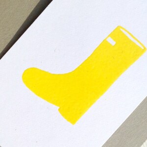 Yellow rubber boot stamped & embossed on a white and gray card with a coordinating print lined envelope. Set of 10 cards lined envelopes. image 3