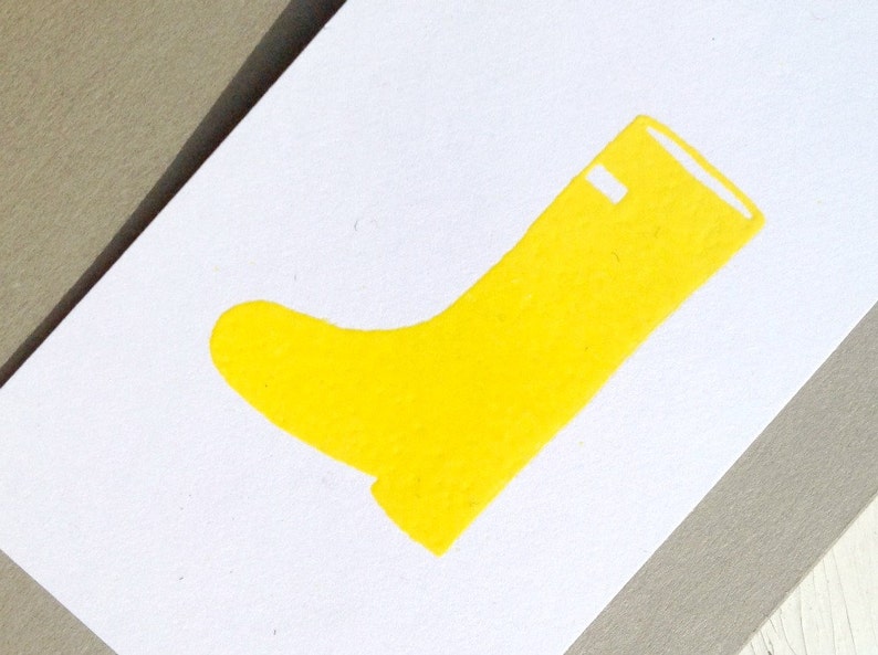 Yellow rubber boot stamped & embossed on a white and gray card with a coordinating print lined envelope. Set of 10 cards lined envelopes. image 3