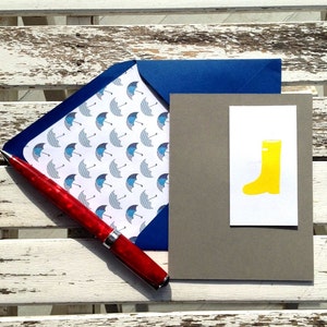 Yellow rubber boot stamped & embossed on a white and gray card with a coordinating print lined envelope. Set of 10 cards lined envelopes. image 1