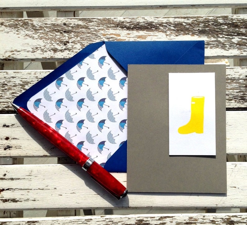 Yellow rubber boot stamped & embossed on a white and gray card with a coordinating print lined envelope. Set of 10 cards lined envelopes. image 1