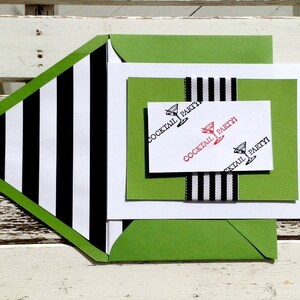 Cocktail party invitation with black and white grosgrain ribbon. White card with Kelly green envelope. Set of 6 invites and envelopes.