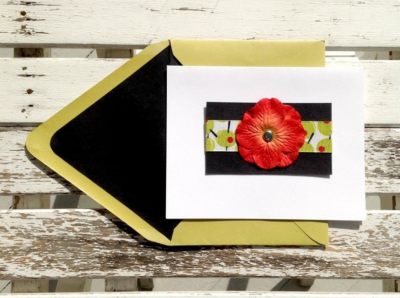 Set of 10 cards and envelopes. Olive printed grosgrain ribbon preppy inspired colorful handmade note card set with coordinating envelope
