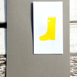 Yellow rubber boot stamped & embossed on a white and gray card with a coordinating print lined envelope. Set of 10 cards lined envelopes. image 2