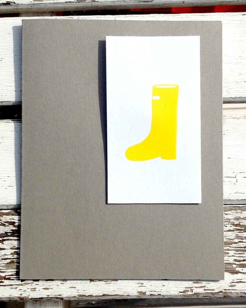 Yellow rubber boot stamped & embossed on a white and gray card with a coordinating print lined envelope. Set of 10 cards lined envelopes. image 2