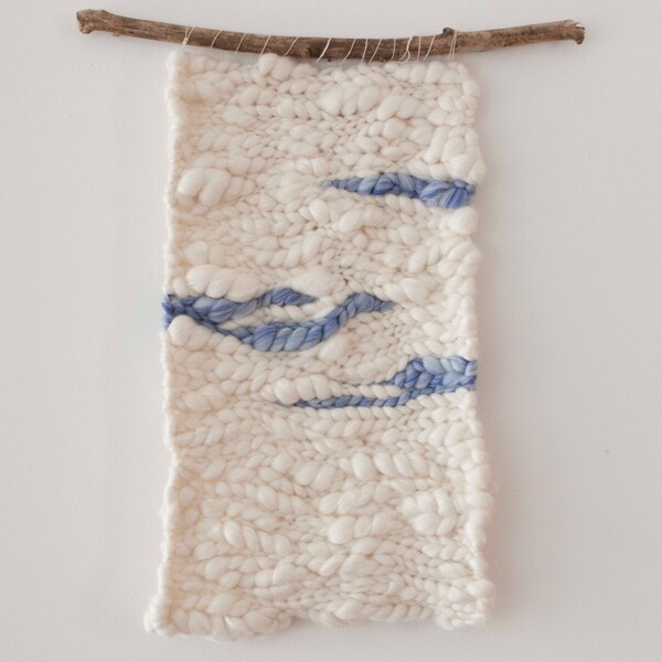 Weaving - natural wool tones with pops of blue - woven wall hanging